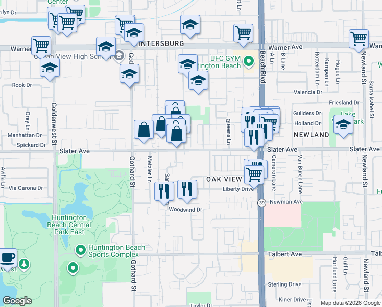 map of restaurants, bars, coffee shops, grocery stores, and more near 7652 Slater Avenue in Huntington Beach