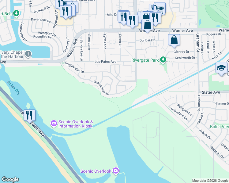 map of restaurants, bars, coffee shops, grocery stores, and more near 17491 Oakbluffs Lane in Huntington Beach