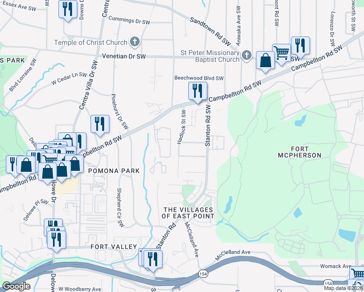 map of restaurants, bars, coffee shops, grocery stores, and more near 1734 Hadlock Street Southwest in Atlanta