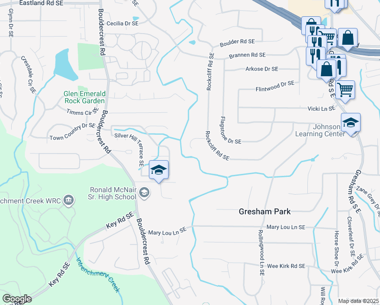 map of restaurants, bars, coffee shops, grocery stores, and more near 1642 Rockcliff Place Southeast in Atlanta