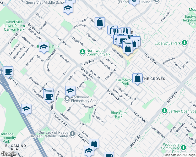 map of restaurants, bars, coffee shops, grocery stores, and more near 23 Plymouth in Irvine