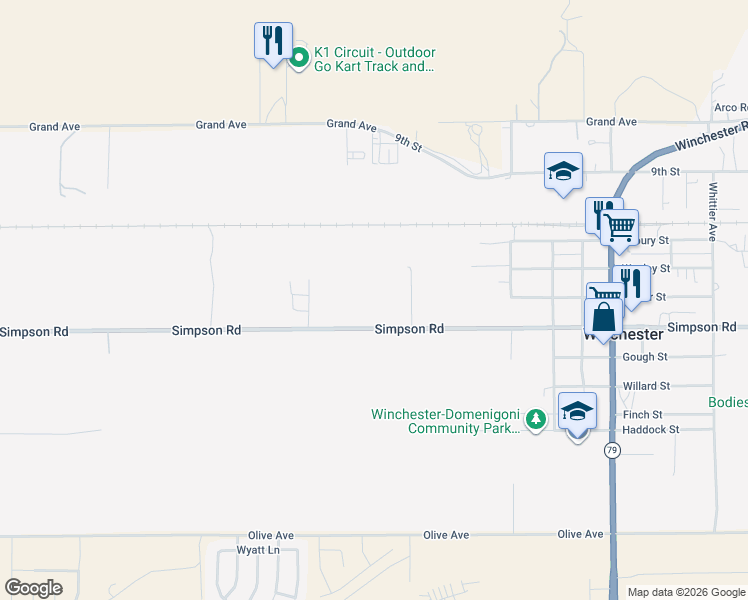 map of restaurants, bars, coffee shops, grocery stores, and more near 32424 Simpson Road in Winchester