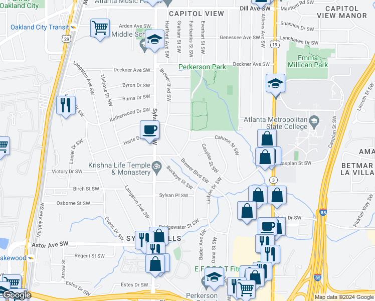 map of restaurants, bars, coffee shops, grocery stores, and more near 1734 Fairbanks Street Southwest in Atlanta