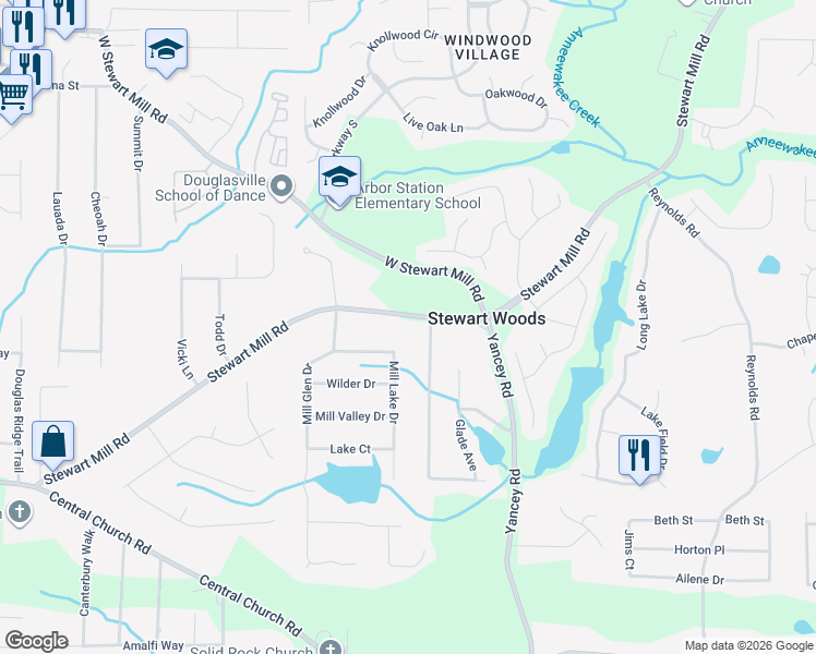 map of restaurants, bars, coffee shops, grocery stores, and more near 5531 Stewart Woods Drive in Douglasville