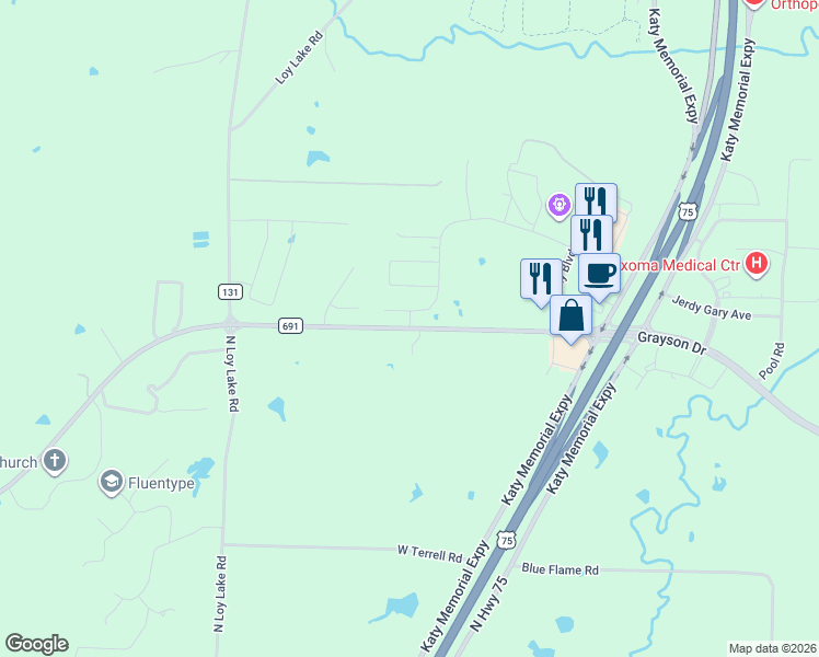 map of restaurants, bars, coffee shops, grocery stores, and more near 3942 Grayson Drive in Denison