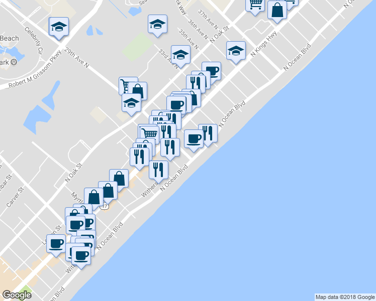 map of restaurants, bars, coffee shops, grocery stores, and more near 400 29th Avenue North in Myrtle Beach