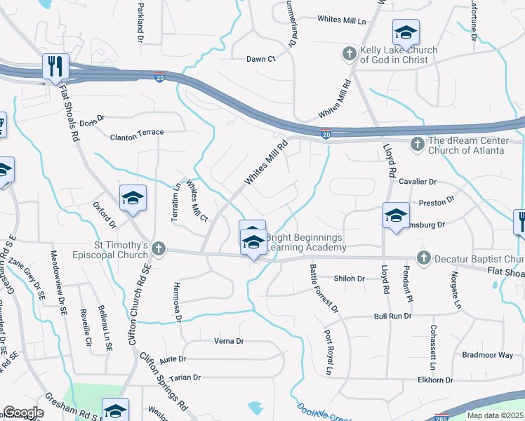 map of restaurants, bars, coffee shops, grocery stores, and more near 2386 Mills Bend in Decatur