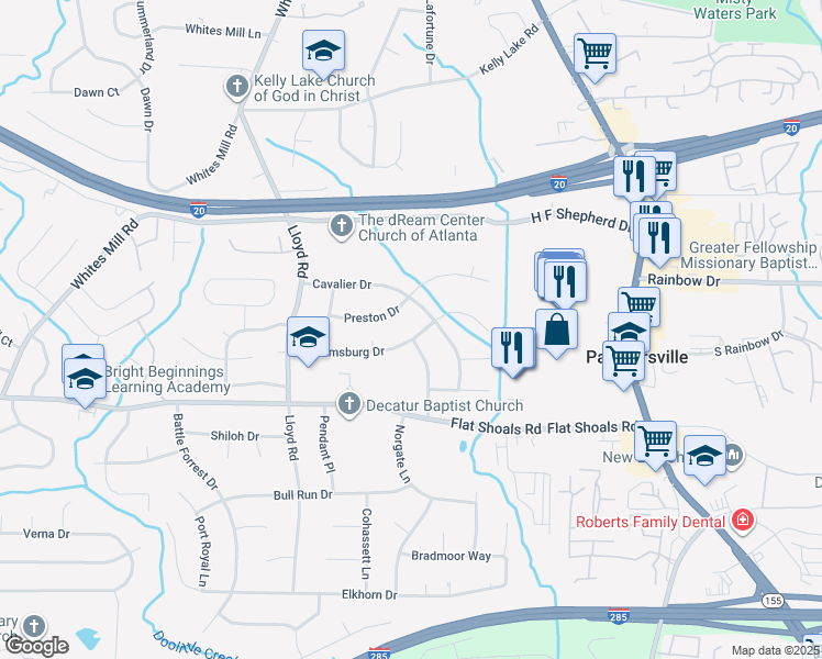 map of restaurants, bars, coffee shops, grocery stores, and more near 2672 Williamsburg Dr in Decatur