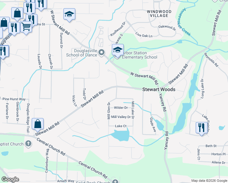 map of restaurants, bars, coffee shops, grocery stores, and more near 3565 Mill Glen Drive in Douglasville
