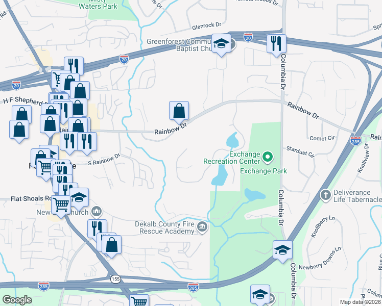 map of restaurants, bars, coffee shops, grocery stores, and more near 3172 Marcello Court in Decatur