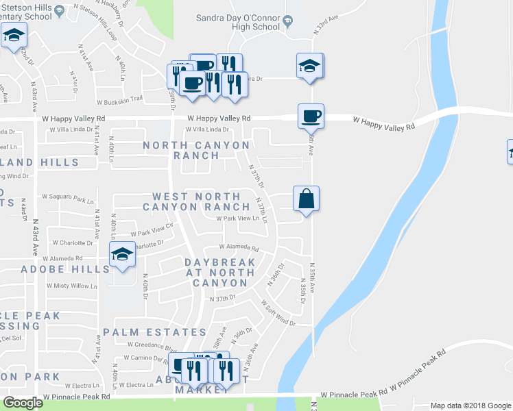 map of restaurants, bars, coffee shops, grocery stores, and more near 24406 North 37th Lane in Glendale