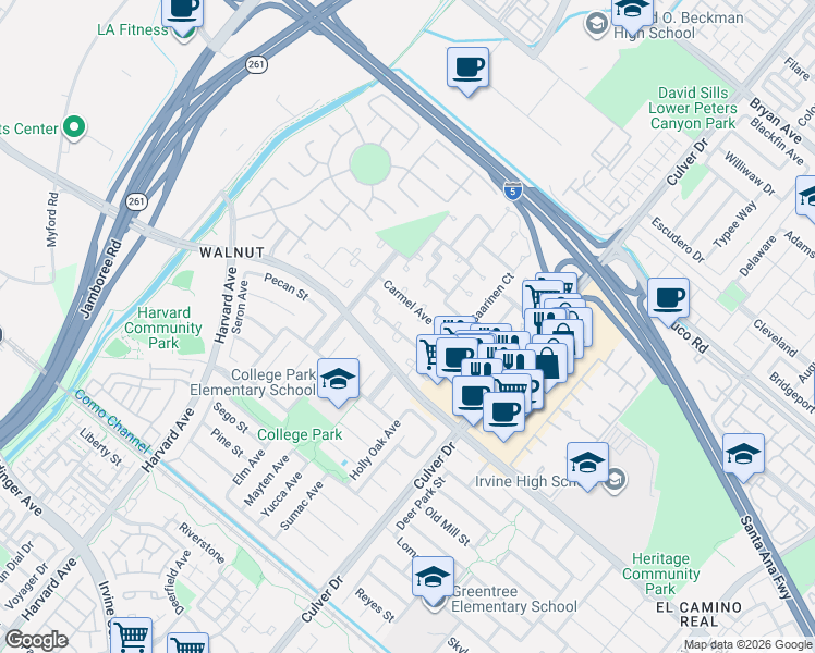 map of restaurants, bars, coffee shops, grocery stores, and more near 14381 Majorca Avenue in Irvine