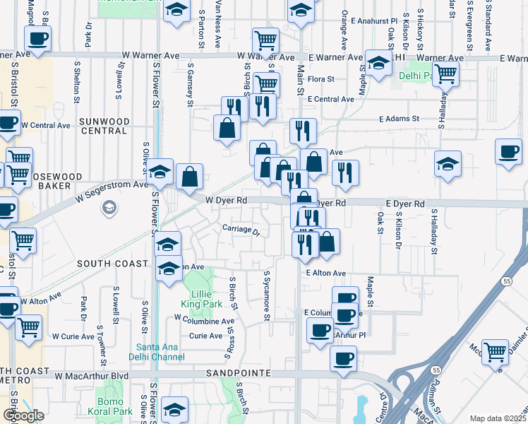 map of restaurants, bars, coffee shops, grocery stores, and more near 2931 South Sycamore Street in Santa Ana
