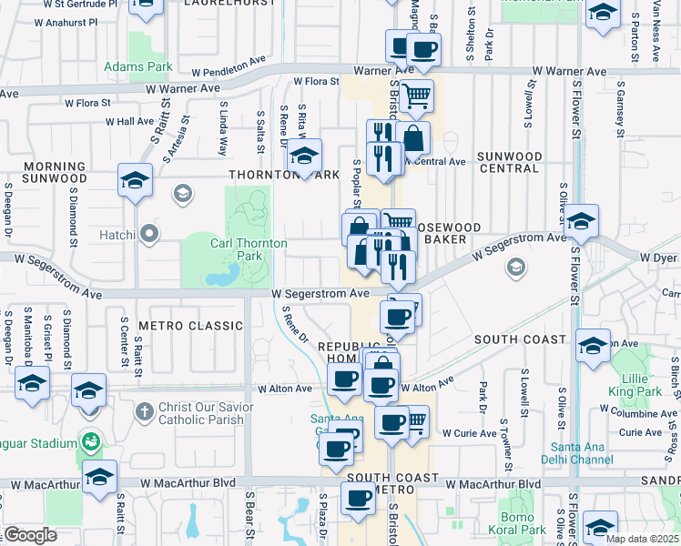 map of restaurants, bars, coffee shops, grocery stores, and more near 2918 South Pacific Avenue in Santa Ana