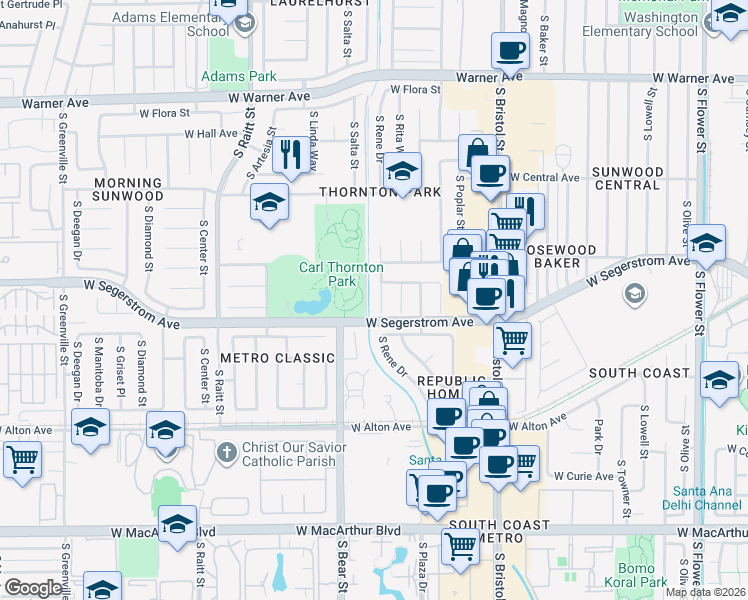 map of restaurants, bars, coffee shops, grocery stores, and more near 2918 South Rene Drive in Santa Ana