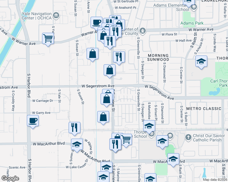 map of restaurants, bars, coffee shops, grocery stores, and more near 2901 South Fairview Street in Santa Ana