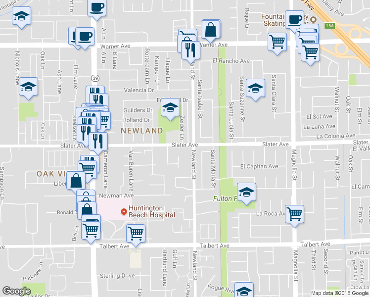map of restaurants, bars, coffee shops, grocery stores, and more near in Huntington Beach