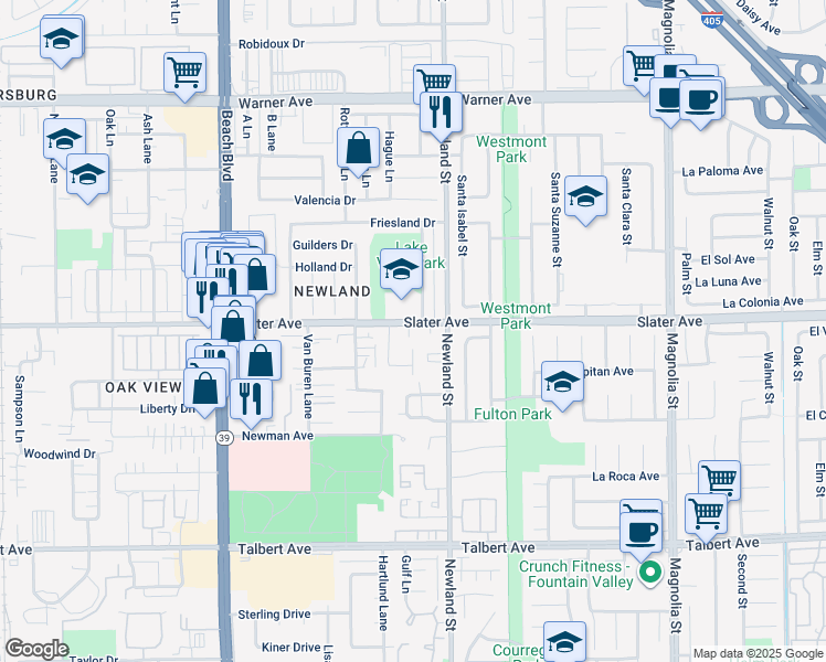 map of restaurants, bars, coffee shops, grocery stores, and more near 17522 Geraldine Lane in Huntington Beach