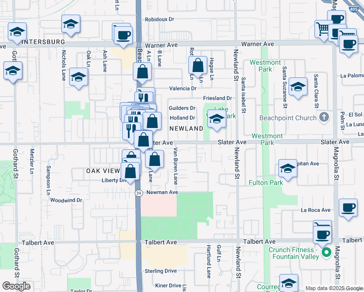 map of restaurants, bars, coffee shops, grocery stores, and more near 8202 Slater Avenue in Huntington Beach