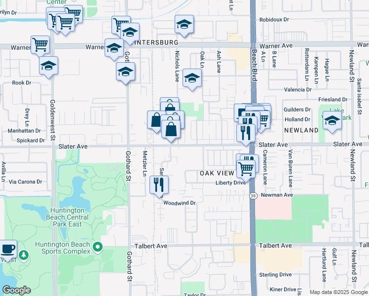 map of restaurants, bars, coffee shops, grocery stores, and more near 7662 Slater Avenue in Huntington Beach
