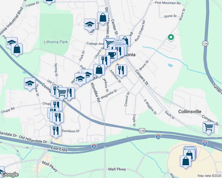 map of restaurants, bars, coffee shops, grocery stores, and more near 6880 Magnolia Street in Lithonia