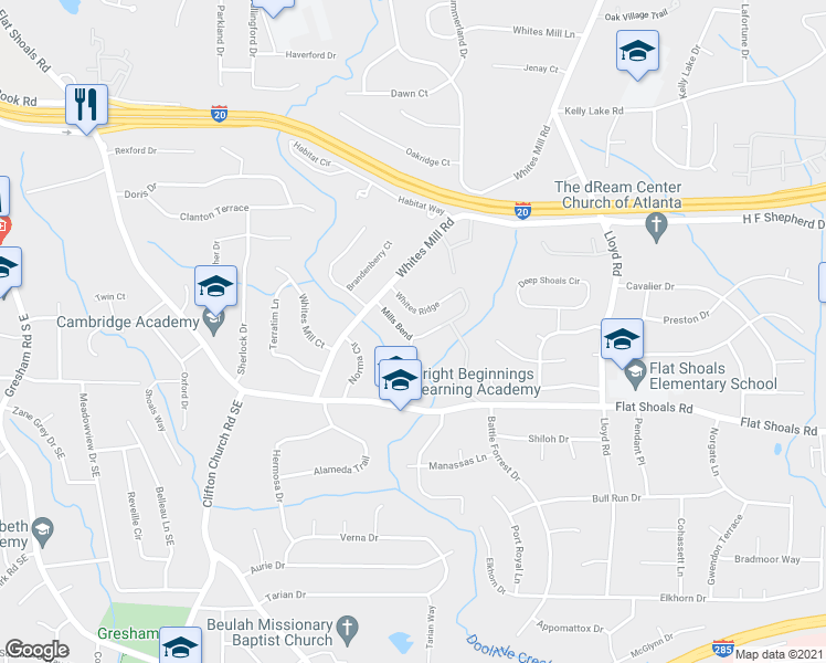 map of restaurants, bars, coffee shops, grocery stores, and more near 2386 Mills Bend in Decatur