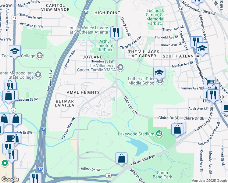 map of restaurants, bars, coffee shops, grocery stores, and more near 214 Amal Drive Southwest in Atlanta