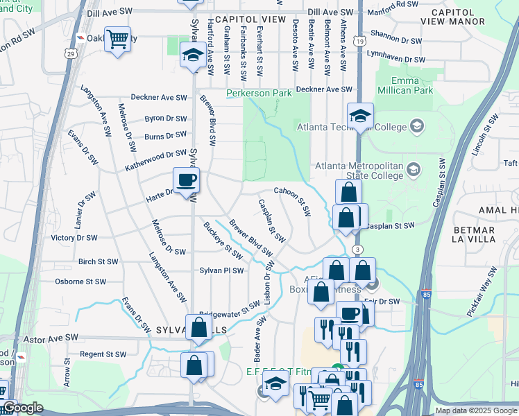 map of restaurants, bars, coffee shops, grocery stores, and more near 794 Casplan Street Southwest in Atlanta