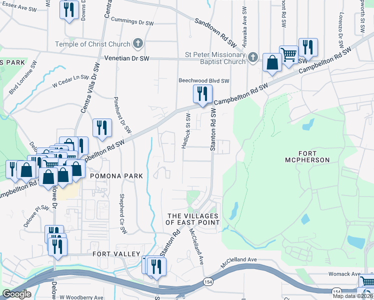 map of restaurants, bars, coffee shops, grocery stores, and more near 1734 Hadlock Street Southwest in Atlanta