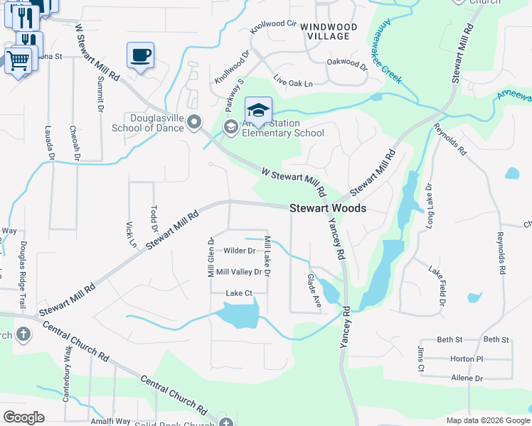 map of restaurants, bars, coffee shops, grocery stores, and more near 5385 Stewart Mill Road in Douglasville