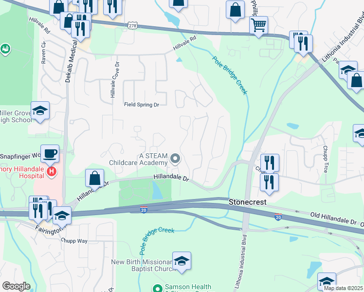 map of restaurants, bars, coffee shops, grocery stores, and more near 6250 Hillandale Drive in Lithonia