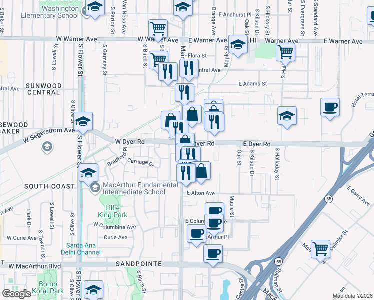 map of restaurants, bars, coffee shops, grocery stores, and more near 110 East Dyer Road in Santa Ana