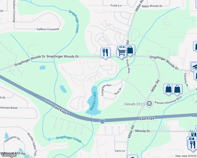 map of restaurants, bars, coffee shops, grocery stores, and more near 4927 Walden Lake Square in Decatur