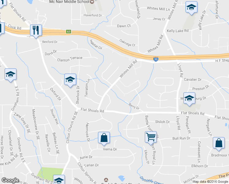 map of restaurants, bars, coffee shops, grocery stores, and more near 2688 Whites Mill Road in Decatur
