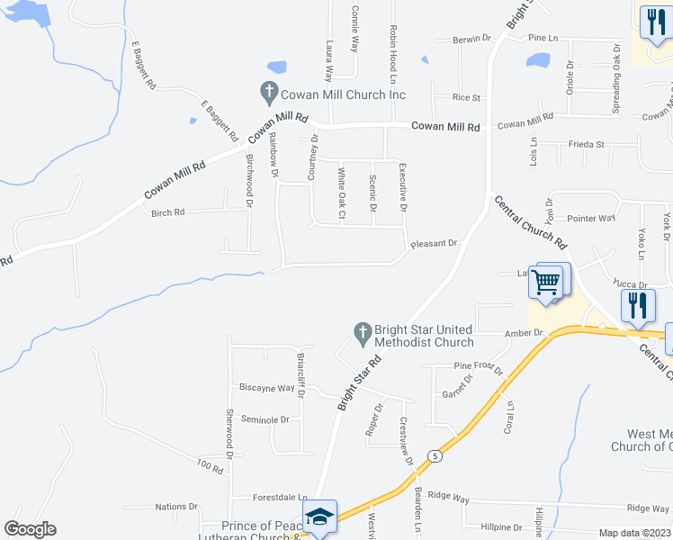 map of restaurants, bars, coffee shops, grocery stores, and more near 6519 Pleasant Drive in Winston