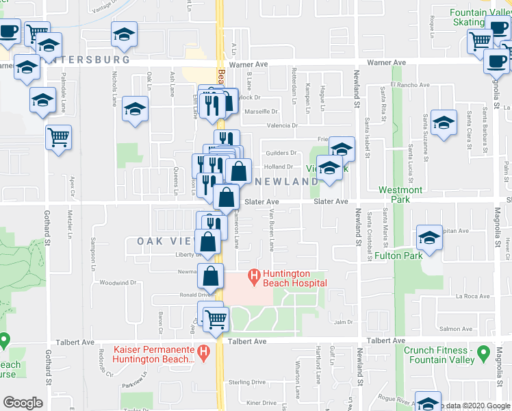 map of restaurants, bars, coffee shops, grocery stores, and more near 8122 Slater Avenue in Huntington Beach