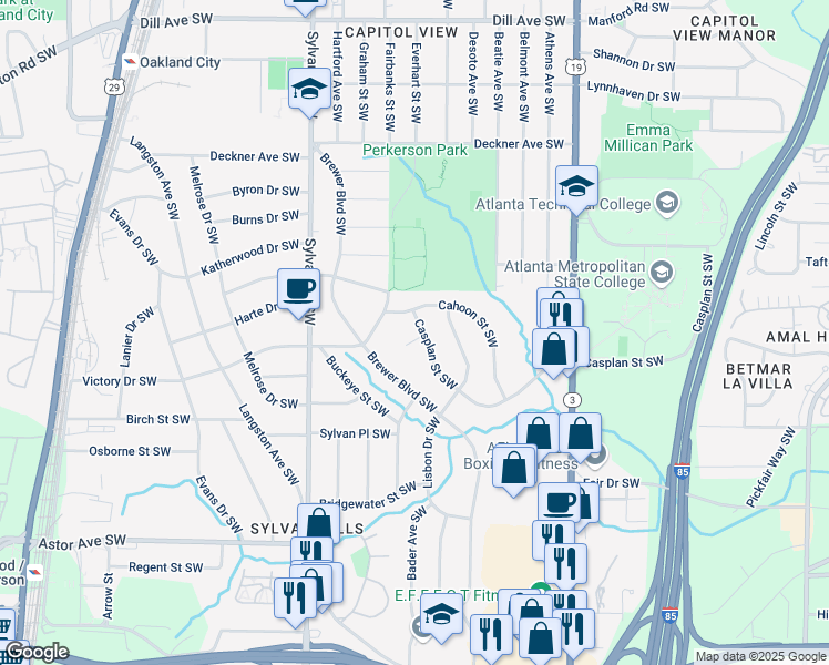map of restaurants, bars, coffee shops, grocery stores, and more near 794 Casplan Street Southwest in Atlanta