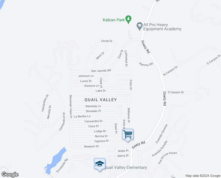 map of restaurants, bars, coffee shops, grocery stores, and more near Lake Drive in Menifee