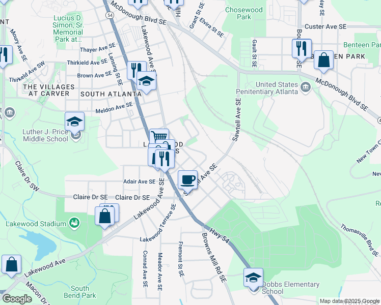map of restaurants, bars, coffee shops, grocery stores, and more near 1105 Oak Knoll Terrace Southeast in Atlanta