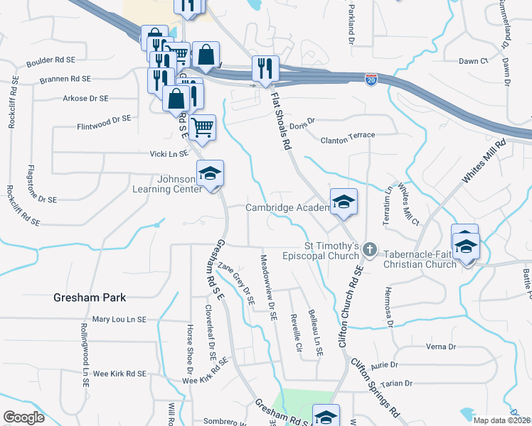 map of restaurants, bars, coffee shops, grocery stores, and more near 2712 Larkspur Drive Southeast in Atlanta
