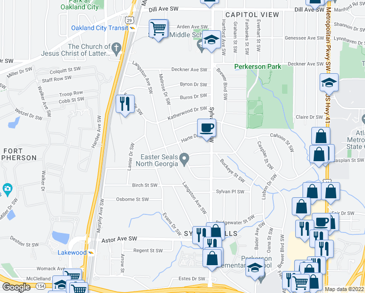 map of restaurants, bars, coffee shops, grocery stores, and more near 1714 Melrose Drive Southwest in Atlanta
