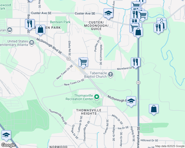 map of restaurants, bars, coffee shops, grocery stores, and more near 969 Welch Street Southeast in Atlanta