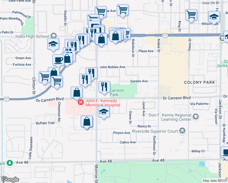 map of restaurants, bars, coffee shops, grocery stores, and more near 82200 Doctor Carreon Boulevard in Indio