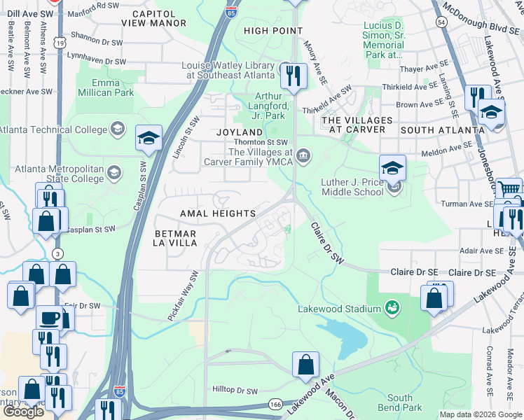 map of restaurants, bars, coffee shops, grocery stores, and more near 1731 Pryor Road Southwest in Atlanta