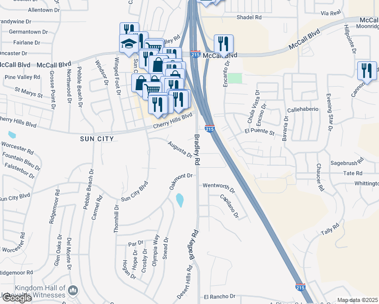 map of restaurants, bars, coffee shops, grocery stores, and more near 26960 Augusta Drive in Menifee