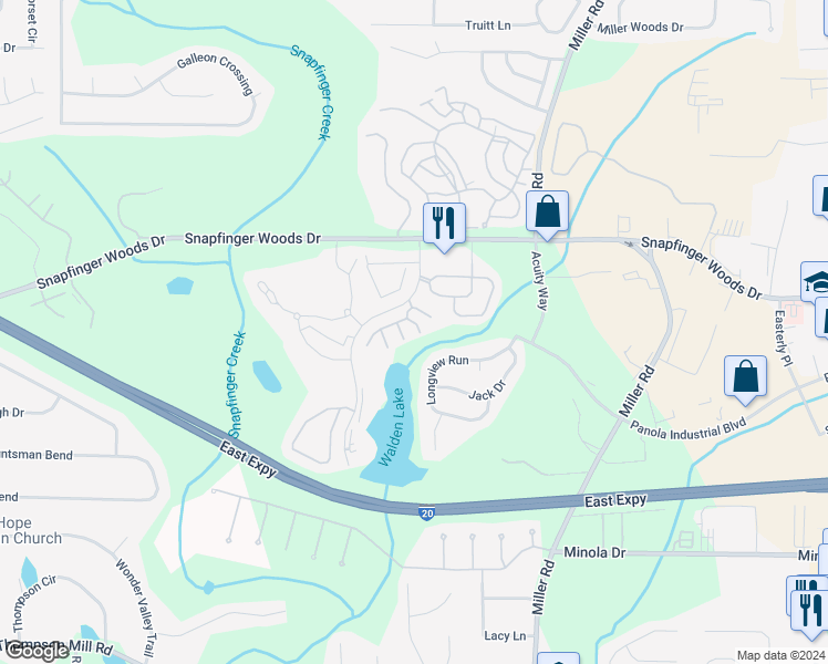 map of restaurants, bars, coffee shops, grocery stores, and more near 2502 Walden Lake Drive in Decatur