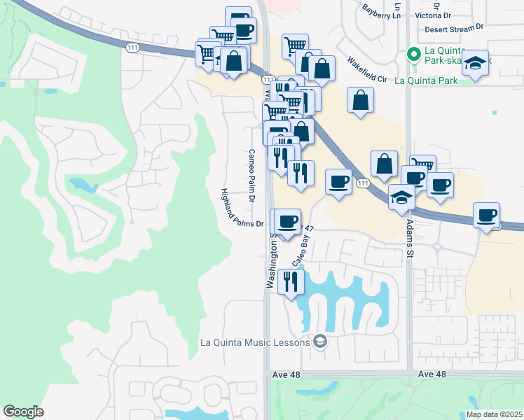 map of restaurants, bars, coffee shops, grocery stores, and more near 46835 Washington Street in La Quinta