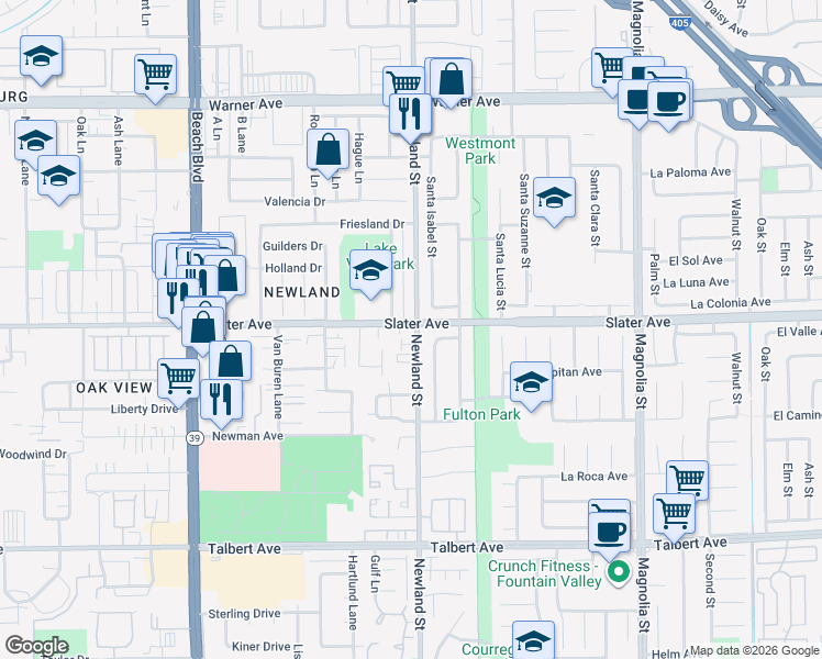 map of restaurants, bars, coffee shops, grocery stores, and more near 17511 Newland Street in Huntington Beach