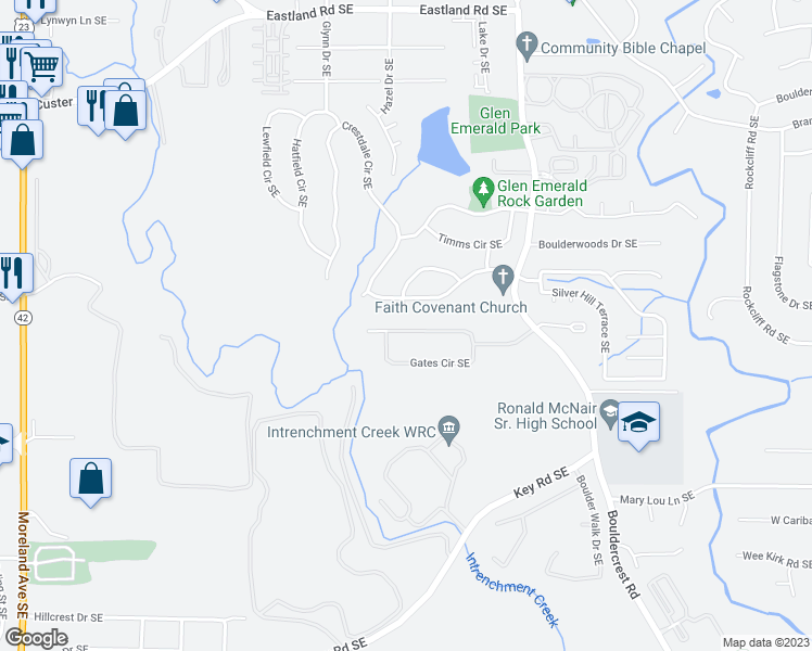 map of restaurants, bars, coffee shops, grocery stores, and more near 1256 Gates Circle Southeast in Atlanta