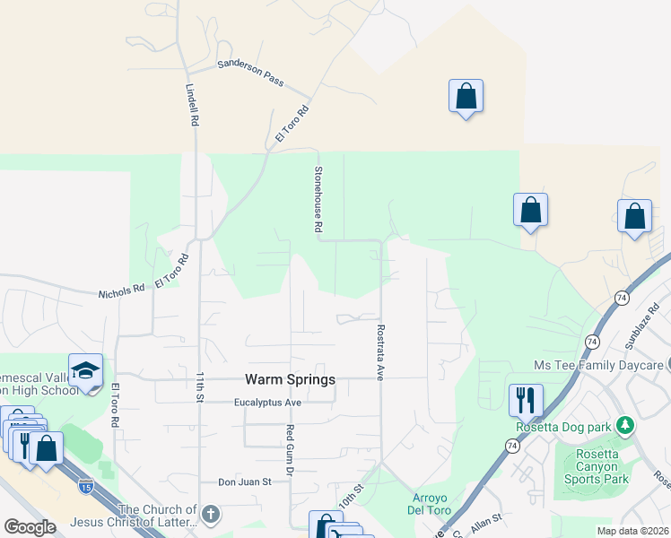 map of restaurants, bars, coffee shops, grocery stores, and more near Vía Dorothea in Lake Elsinore